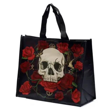 Achat Immédiat Sac à provisions tête de mort et roses