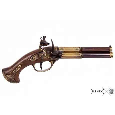 Reproduction Pistolet à Silex 3 Canons Tournants France XVIIIe Siècle Dernier Modèle