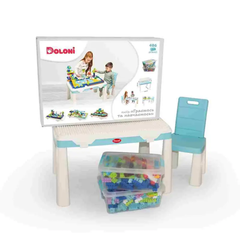 Doloni Table et chaise pour enfants avec tapis de jeu + 2 ensembles de construction - turquoise Acheter Direct
