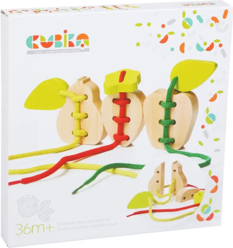 CUBIKA 14811 Fruits - ensemble de 3 jouets à enfiler en bois - 6 éléments en bois, 3 lacets Affaire À Saisir